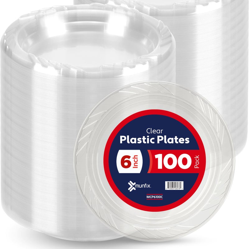 Munfix 6 Inch Clear Plastic Plates 100 Bulk Pack Disposable Cake Plates for Dessert Appetizers BBQ Party Travel and Events Microwavable Recyclable